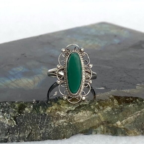VTG Sterling Silver 925 Filigree Scrollwork Oval Bezel Set Green Onyx Ring 5.5 - Picture 11 of 16